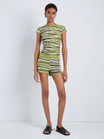 Proenza Schouler Front full length image of model wearing Veya Knit Tee in Linen Dry Rib in Apple Multi