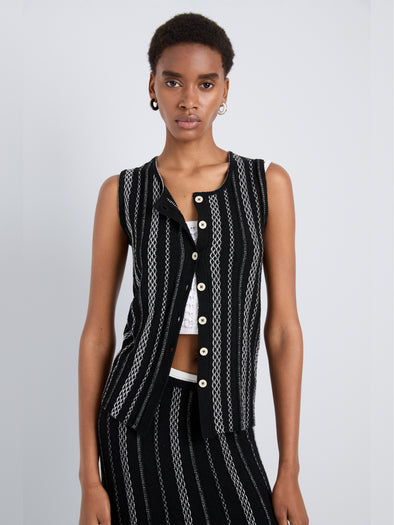 Proenza Schouler Detail image of model wearing Alyna Vest in Textured Knit in BlackWhite