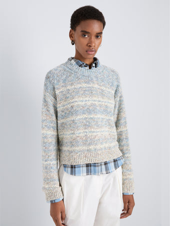 Proenza Schouler Detail image of model wearing Ivara Sweater in Space Dye in HazeOff White