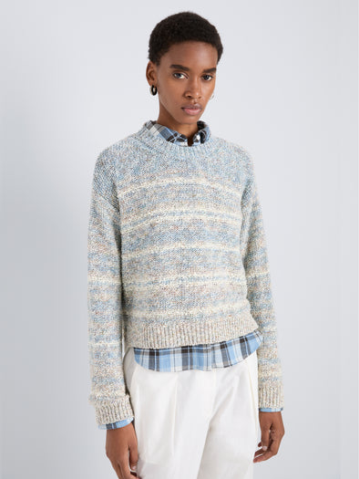 Proenza Schouler Detail image of model wearing Ivara Sweater in Space Dye in HazeOff White