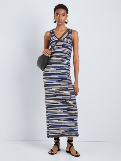Proenza Schouler Front full length image of model wearing Zinah Knit Dress in Linen Dry Rib in Navy Multi