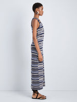 Proenza Schouler Side full length image of model wearing Zinah Knit Dress in Linen Dry Rib in Navy Multi