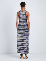 Proenza Schouler Back full length image of model wearing Zinah Knit Dress in Linen Dry Rib in Navy Multi