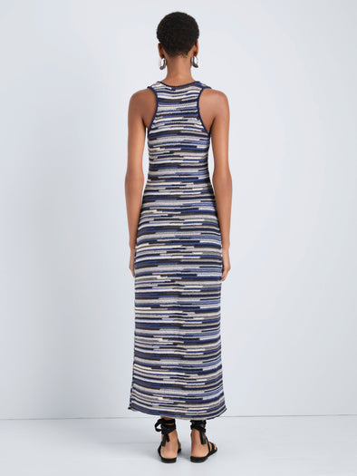Proenza Schouler Back full length image of model wearing Zinah Knit Dress in Linen Dry Rib in Navy Multi