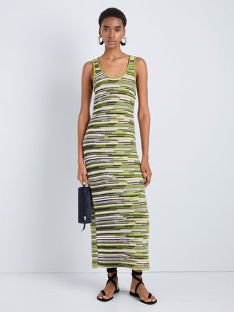 Proenza Schouler Front full length image of model wearing Zinah Knit Dress in Linen Dry Rib in Apple Multi