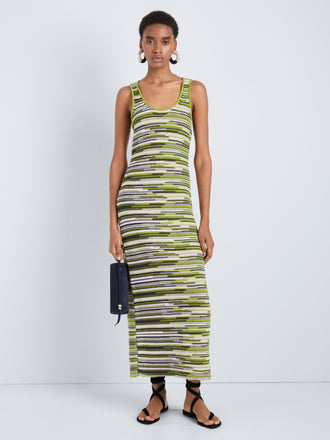 Proenza Schouler Front full length image of model wearing Zinah Knit Dress in Linen Dry Rib in Apple Multi