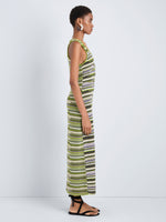 Proenza Schouler Side full length image of model wearing Zinah Knit Dress in Linen Dry Rib in Apple Multi