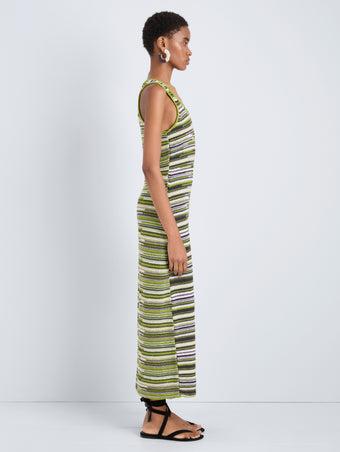Proenza Schouler Side full length image of model wearing Zinah Knit Dress in Linen Dry Rib in Apple Multi