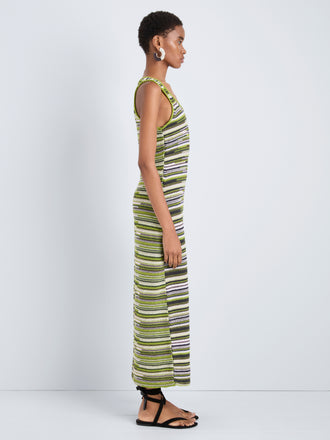 Proenza Schouler Side full length image of model wearing Zinah Knit Dress in Linen Dry Rib in Apple Multi