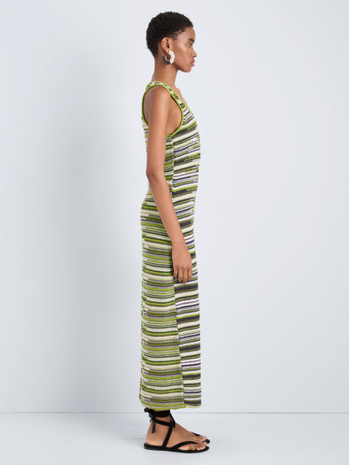 Proenza Schouler Side full length image of model wearing Zinah Knit Dress in Linen Dry Rib in Apple Multi