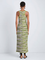 Proenza Schouler Back full length image of model wearing Zinah Knit Dress in Linen Dry Rib in Apple Multi