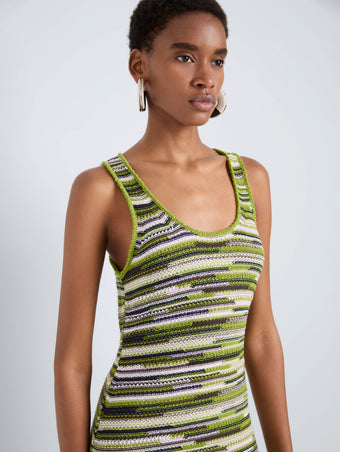 Proenza Schouler Detail image of model wearing Zinah Knit Dress in Linen Dry Rib in Apple Multi