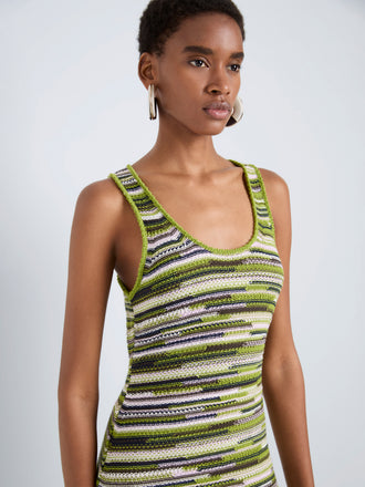 Proenza Schouler Detail image of model wearing Zinah Knit Dress in Linen Dry Rib in Apple Multi