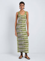 Proenza Schouler Front full length image of model wearing Zinah Knit Dress in Linen Dry Rib in Apple Multi