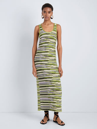 Proenza Schouler Front full length image of model wearing Zinah Knit Dress in Linen Dry Rib in Apple Multi