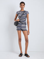 Proenza Schouler Front full length image of model wearing Jenna Knit Shorts in Linen Dry Rib in Navy Multi