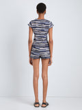 Proenza Schouler Back full length image of model wearing Jenna Knit Shorts in Linen Dry Rib in Navy Multi