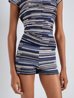Proenza Schouler Detail image of model wearing Jenna Knit Shorts in Linen Dry Rib in Navy Multi