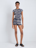 Proenza Schouler Front full length image of model wearing Jenna Knit Shorts in Linen Dry Rib in Navy Multi