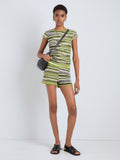 Proenza Schouler Front full length image of model wearing Jenna Knit Shorts in Linen Dry Rib in Apple Multi