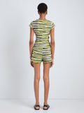 Proenza Schouler Back full length image of model wearing Jenna Knit Shorts in Linen Dry Rib in Apple Multi