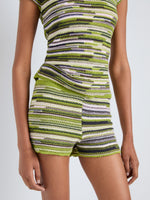 Proenza Schouler Detail image of model wearing Jenna Knit Shorts in Linen Dry Rib in Apple Multi