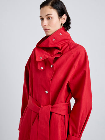 Proenza Schouler Detail image of model wearing Corey Trench in Washed Cotton in Brick
