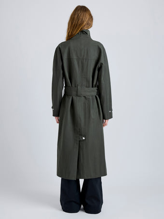 Proenza Schouler Back full length image of model wearing Corey Trench in Washed Cotton in Willow