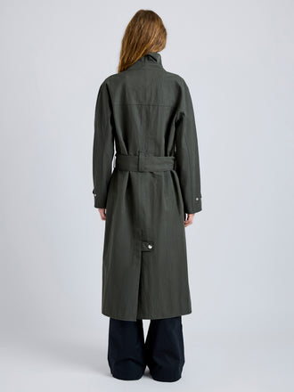 Proenza Schouler Back full length image of model wearing Corey Trench in Washed Cotton in Willow