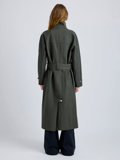 Proenza Schouler Back full length image of model wearing Corey Trench in Washed Cotton in Willow
