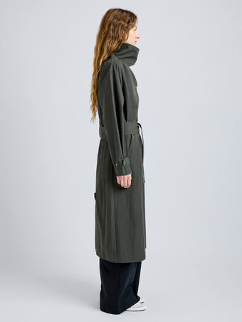 Proenza Schouler Side full length image of model wearing Corey Trench in Washed Cotton in Willow