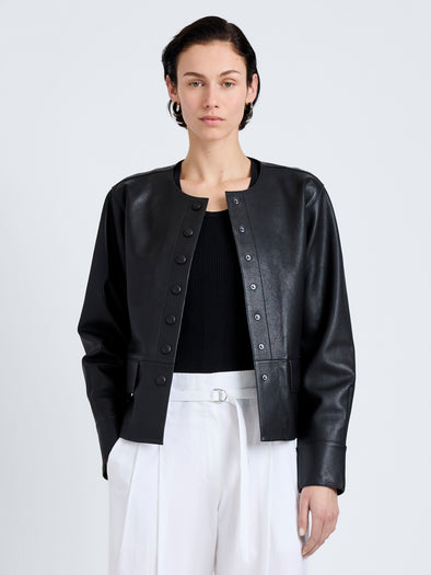 Proenza Schouler Front cropped image of model wearing Robin Jacket in Leather in Black