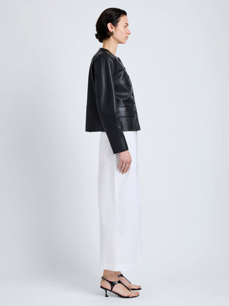 Proenza Schouler Side full length image of model wearing Robin Jacket in Leather in Black