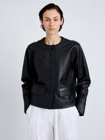 Proenza Schouler Detail image of model wearing Robin Jacket in Leather in Black