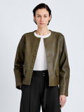 Proenza Schouler Front cropped image of model wearing Robin Jacket in Leather in Fatigue