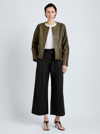 Proenza Schouler Front full length image of model wearing Robin Jacket in Leather in Fatigue