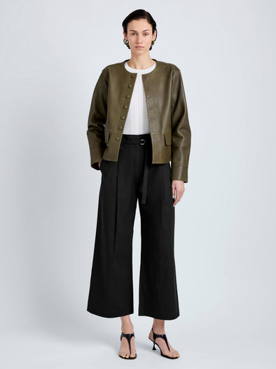 Proenza Schouler Front full length image of model wearing Robin Jacket in Leather in Fatigue