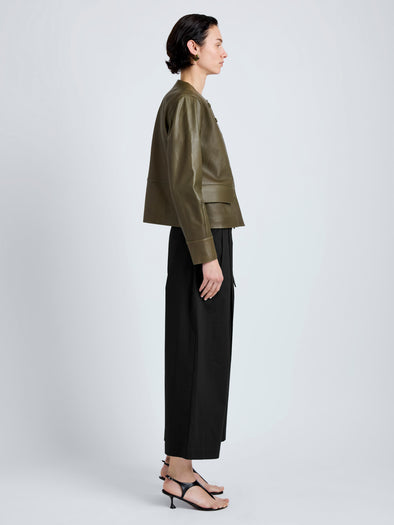 Proenza Schouler Side full length image of model wearing Robin Jacket in Leather in Fatigue