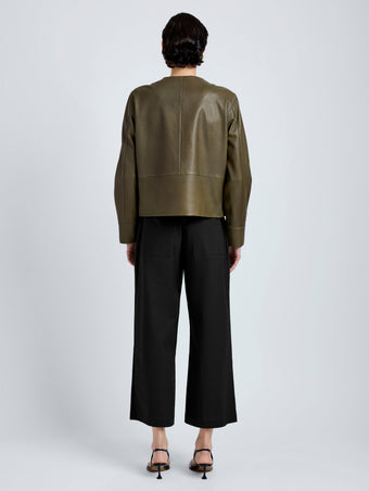 Proenza Schouler Back full length image of model wearing Robin Jacket in Leather in Fatigue