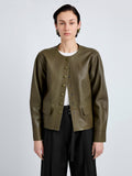 Proenza Schouler Detail image of model wearing Robin Jacket in Leather in Fatigue