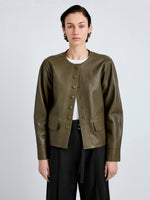Proenza Schouler Detail image of model wearing Robin Jacket in Leather in Fatigue