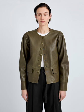 Proenza Schouler Detail image of model wearing Robin Jacket in Leather in Fatigue