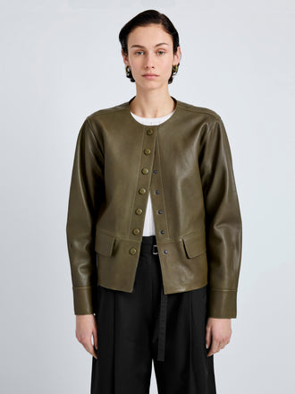 Proenza Schouler Detail image of model wearing Robin Jacket in Leather in Fatigue