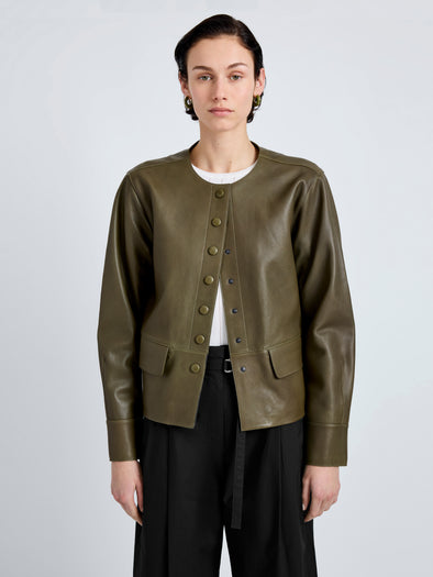 Proenza Schouler Detail image of model wearing Robin Jacket in Leather in Fatigue