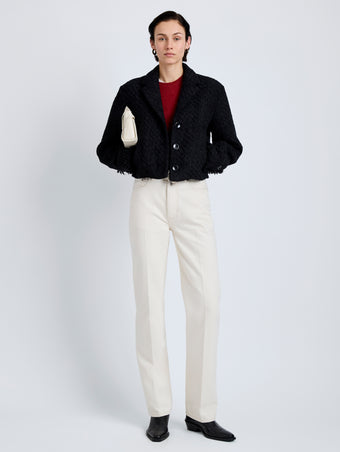 Proenza Schouler Front full length image of model wearing Nima Jacket in Basket Weave in Black