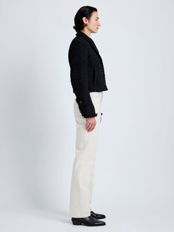Proenza Schouler Side full length image of model wearing Nima Jacket in Basket Weave in Black
