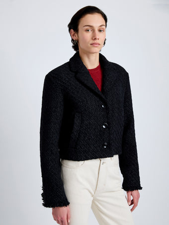 Proenza Schouler Detail image of model wearing Nima Jacket in Basket Weave in Black