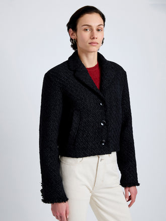 Proenza Schouler Detail image of model wearing Nima Jacket in Basket Weave in Black