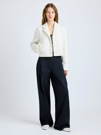 Proenza Schouler Front full length image of model wearing Nima Jacket in Basket Weave in White