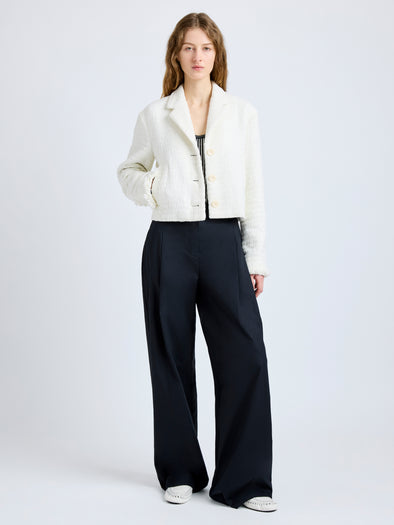 Proenza Schouler Front full length image of model wearing Nima Jacket in Basket Weave in White